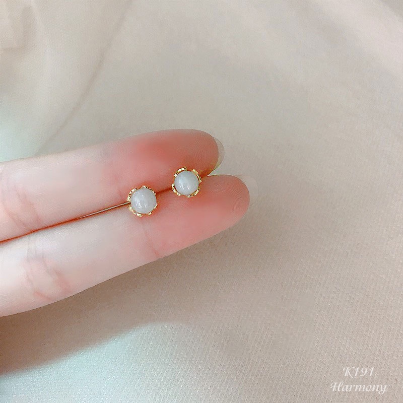 Bông tai, Khuyên tai nữ bạc mạ vàng mặt ngọc bích nhân tạo nhỏ đơn giản, xinh xắn, cực sang K191| TRANG SỨC BẠC HARMONY