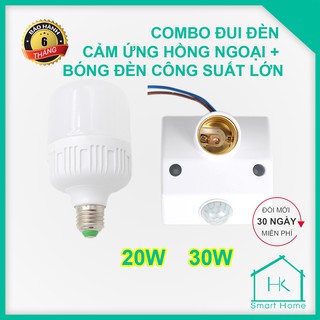Combo Đui Đèn Cảm Ứng Hồng Ngoại Tự Động Bật Khi Có Người + Bóng Đèn Led 20W 30W