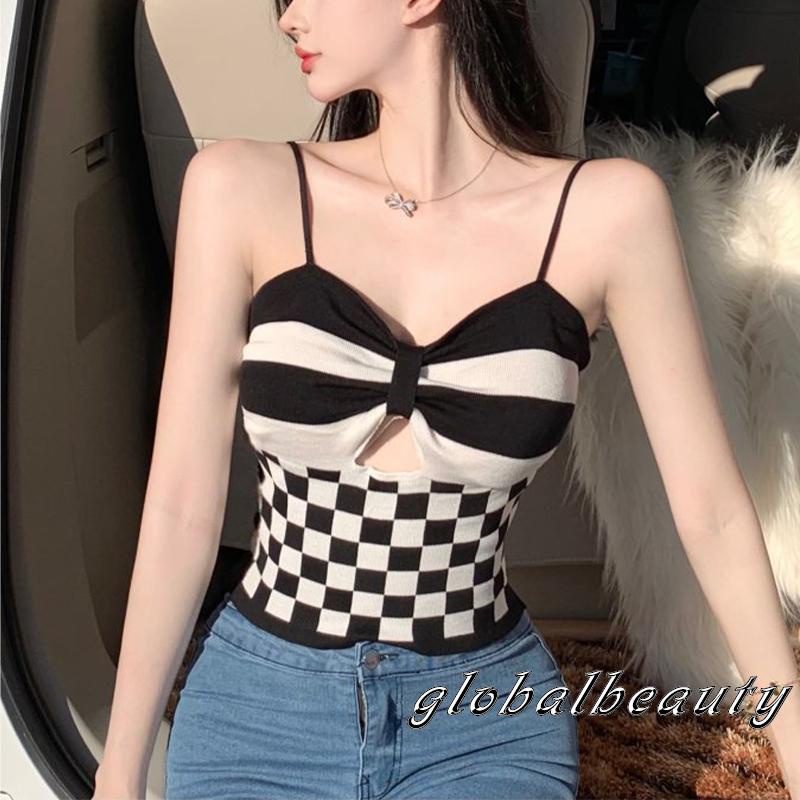 Áo tank top hai dây họa tiết kẻ sọc đính nơ trước ngực thời trang mùa hè cho nữ