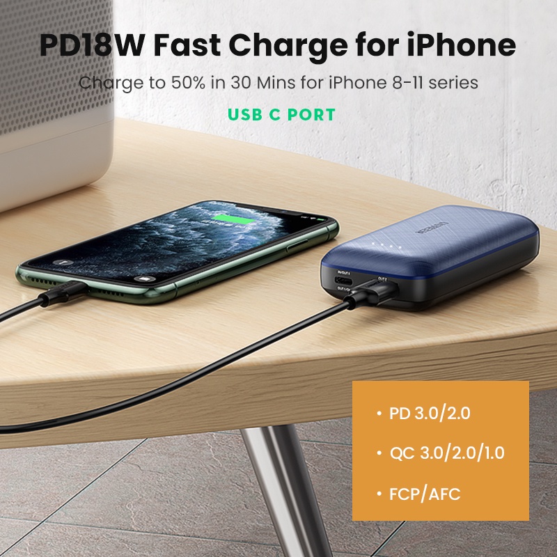 [UGRE90K giảm 90K] Pin sạc dự phòng mini 10000mAh 2 cổng UGREEN 80749 - PD + QC 3.0 18W Sạc nhanh iPhone 12 50% pin 30'