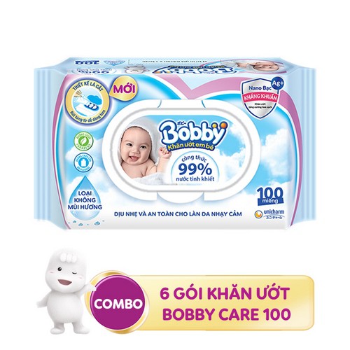 Combo 6 gói Khăn ướt Bobby care không mùi hương 100 tờ