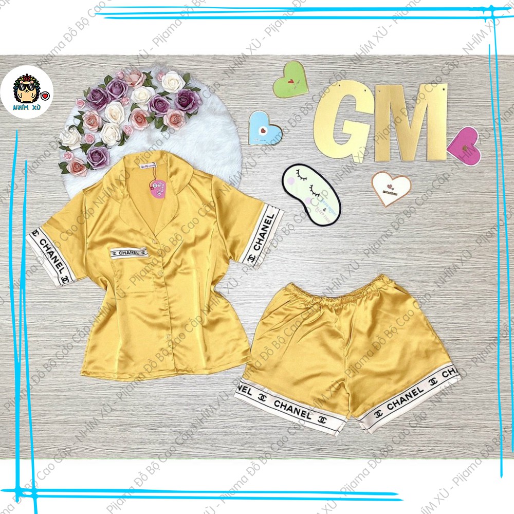 Đồ Bộ Ngủ Pijama Mặc Nhà Vải Satin Cao Cấp CC viền Quần Đùi Áo Tay Ngắn | BigBuy360 - bigbuy360.vn