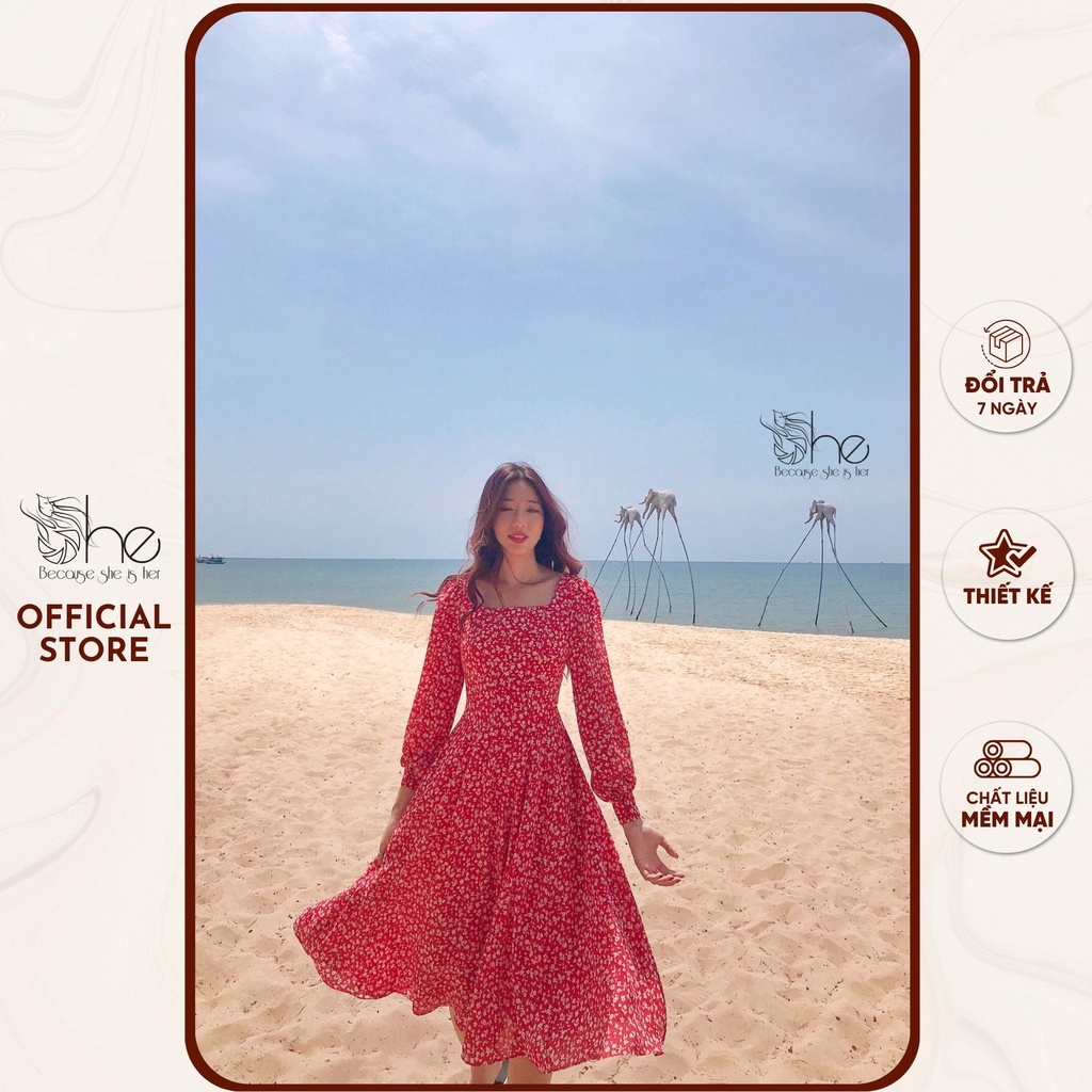 Đầm công chúa nữ dáng xòe She, Đầm nữ công chúa xếp li tay dài hoa voan SDX137