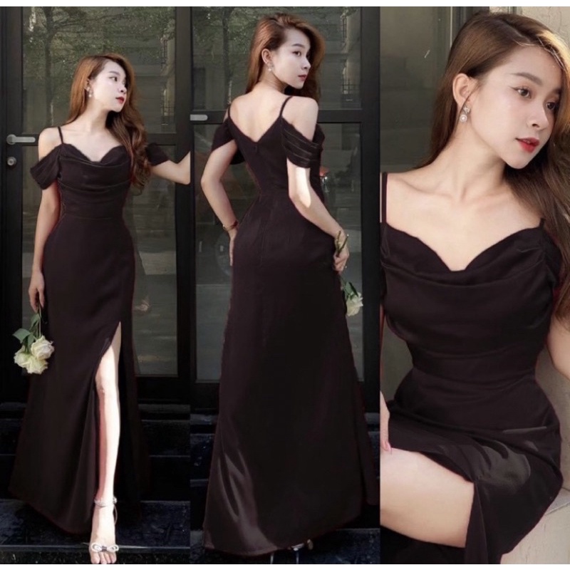 đầm dự tiệc dạ hội lụa trễ vai tiểu thư maxi dự tiệc cưới sang chảnh