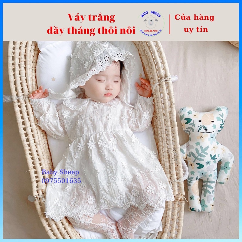 (Tặng Mũ Bèo) Váy ren đính hoa trắng kèm mũ bèo tiểu thư xinh xắn cho bé 0-3 tuổi hàng cao cấp