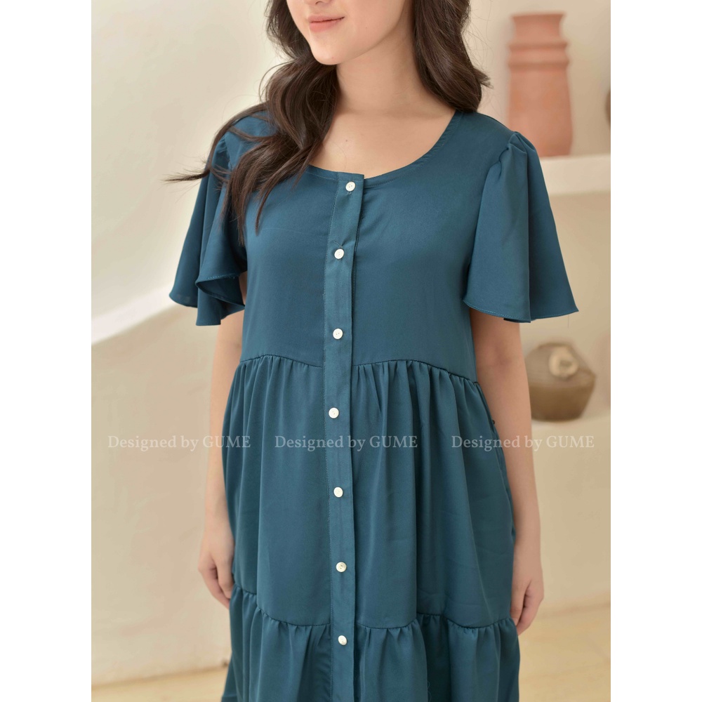 Váy bầu bigsize -Đầm bầu thiết kế GuMe 2 màu xanh,xanh nõn chuối dáng 3 tầng tay chuông chất vải lụa ngọc trai GM022