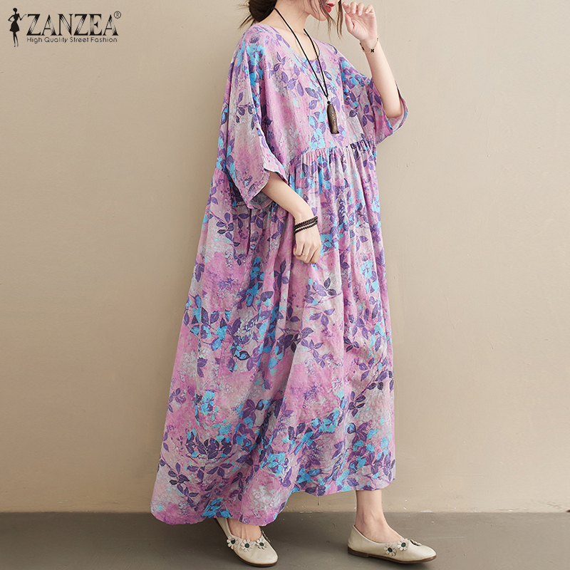 Đầm Nữ ZANZEA Dài Rộng Tay Ngắn In Hoa Mùa Lễ Thông Thường