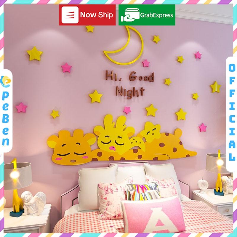 Tranh dán tường mica 3d decor khổ lớn các bạn hươu đang ngủ trang trí mầm non, phòng cho bé Nhiều Size - EPeBen