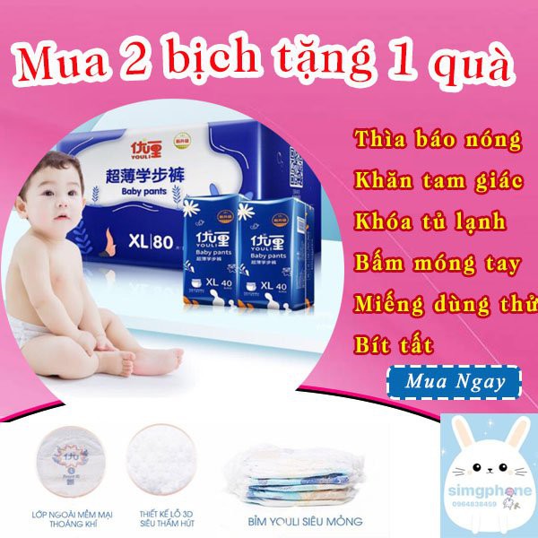  Bỉm YOULI Xanh Cao Cấp dán/quần S112/M92/L84/XL80