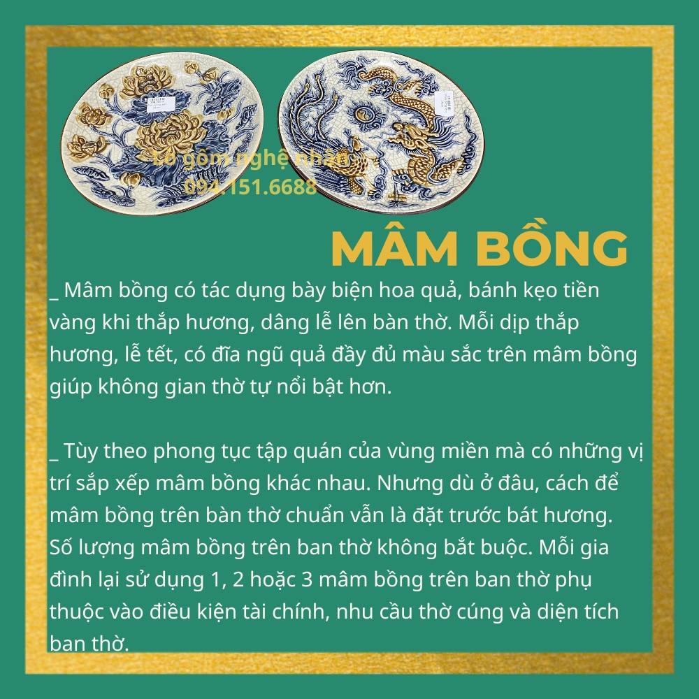 Mâm Bồng, Đĩa Đựng Trầu Cau Đồ Thờ Cúng nhiều cỡ Men Rạn họa tiết Sen, Rồng - Đồ Thờ Cúng Bát Tràng - Nghệ nhân chế tác