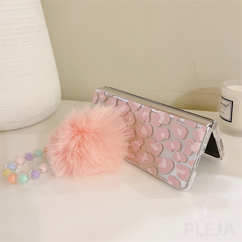 Bao Da Điện Thoại Cứng Hình Báo Hồng Đính Quả Bông Cho samsung galaxy z fold 3 fold3 Ốp