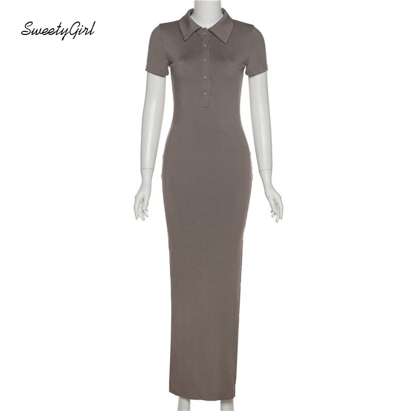 Đầm Maxi Cổ Polo Tay Ngắn Dáng Ôm Màu Khaki Cài Nút Thời Trang 2022 Cho Bạn Gái
