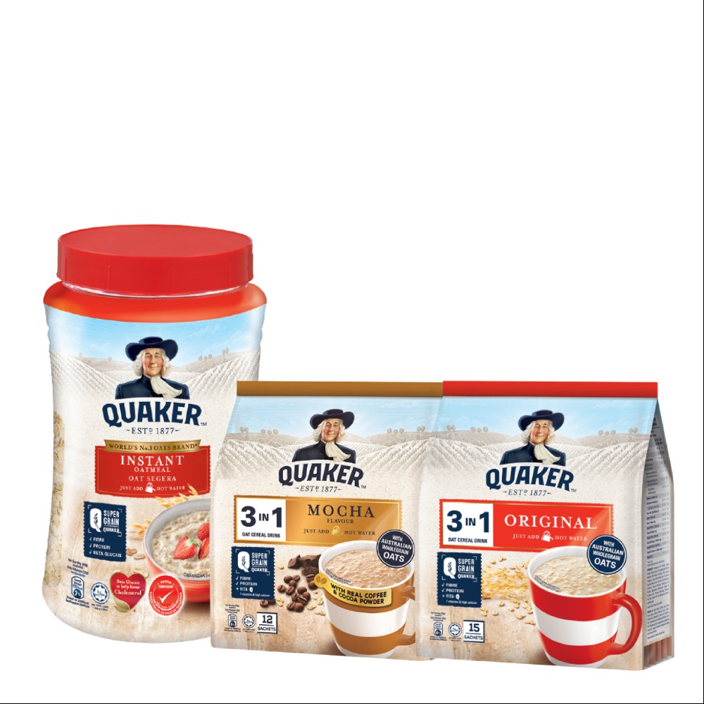 Combo Yến mạch Quaker Hũ 600g và Thức Uống Yến Mạch Quaker 3in1 Truyền Thống 420G, Mocha 336G