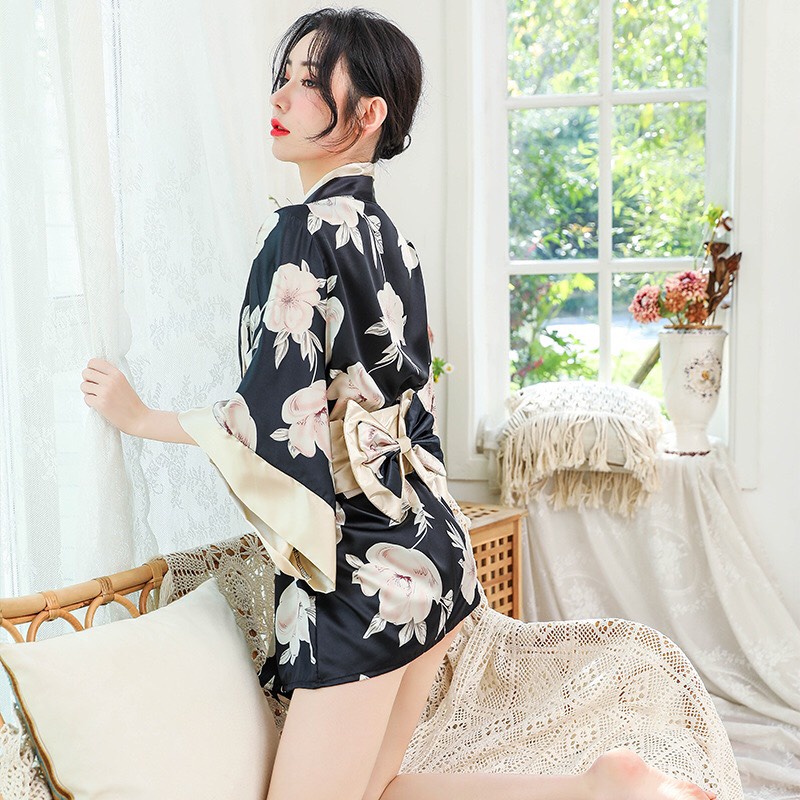 Đồ ngủ sexy áo choàng kimono đen hoa mềm mại đầm ngủ gợi cảm quyến rũ 1570