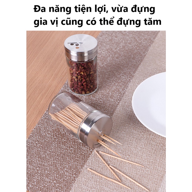 Lọ đựng tiêu bằng thủy tinh, hũ gia vị lọ đựng tăm nắp inox 85ml hàng dày dặn cao cấp