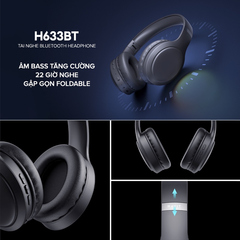 Tai Nghe Headphone Bluetooth HAVIT H633BT, Kiểu Dáng Công Thái Học, Nghe Đến 22H - Chính Hãng BH 12 Tháng