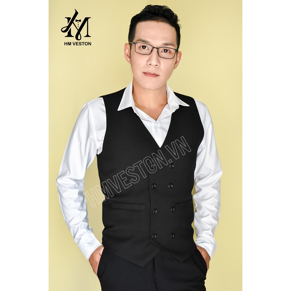 Áo gile nam màu đen 8 nút form ôm body + nơ đen