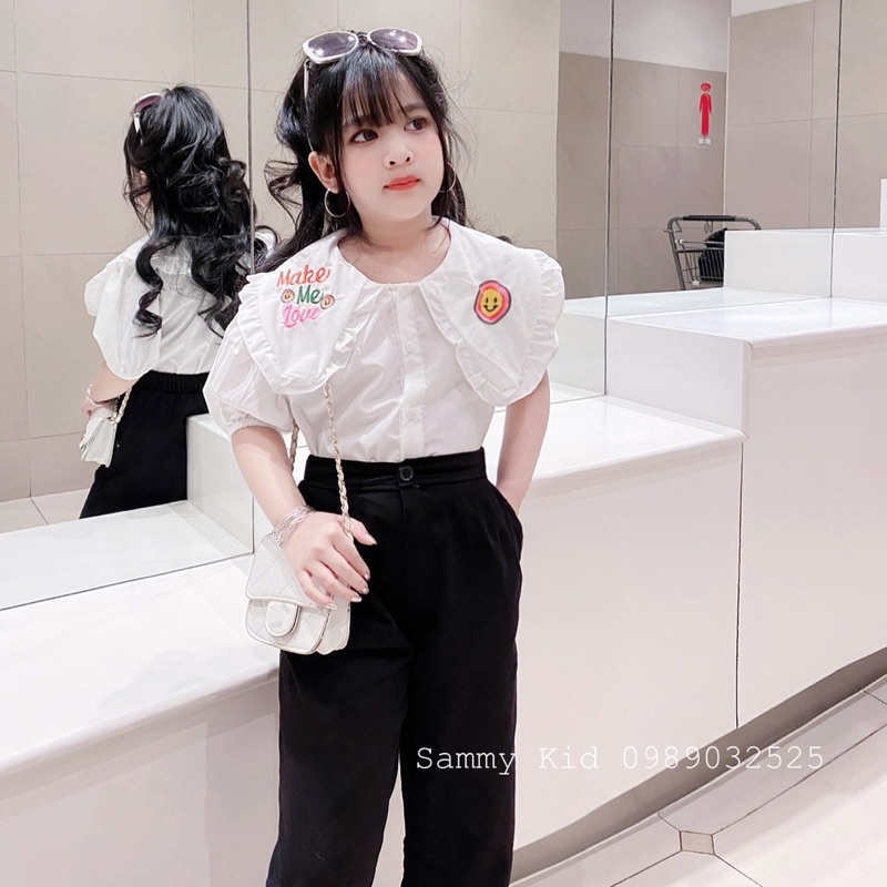 Set áo Sơmi cổ sen Thêu Quần Baggy Vải mềm đi học cho bé gái size đại 16-41kg xinh xắn