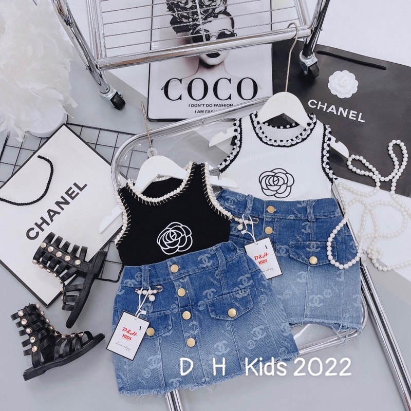 áo hoa trà kèm chân váy bò xịn bé gái (hàng shop )