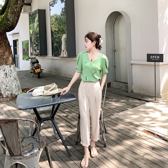 Áo Dệt Kim Cổ Chữ V Thêu Họa Tiết Phong Cách Pháp Thời Trang Mùa Hè Xinh Xắn Cho Nữ