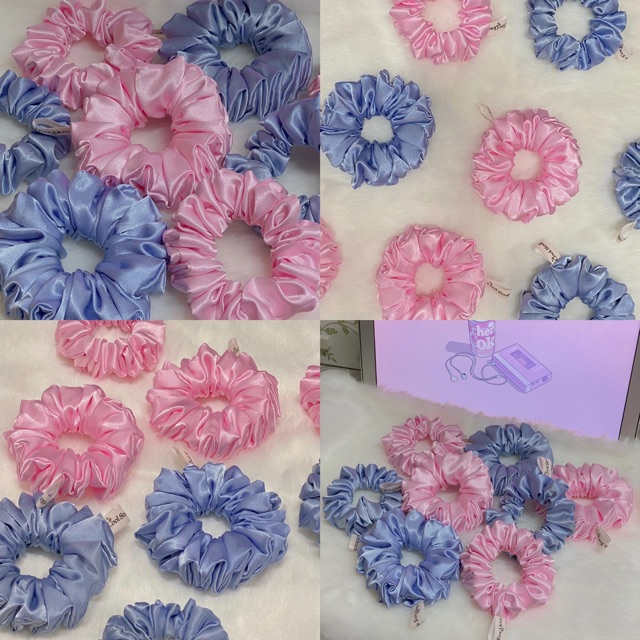 Đồ buộc tóc scrunchies lụa Hồng/Xanh Pastel 2 size