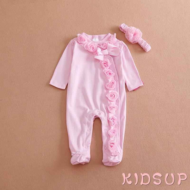 Set Áo Liền Quần + Băng Đô Dễ Thương Cho Bé Gái Sơ Sinh