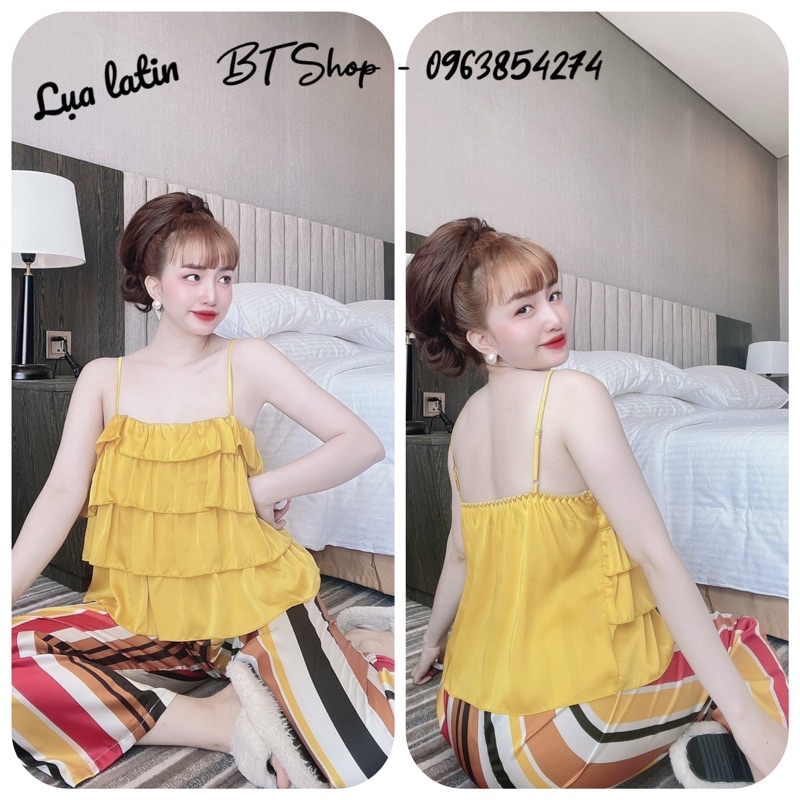 Bộ lụa latin 2 dây bèo tầng quần dài hoạ tiết dễ thương freesize từ 42-57kg