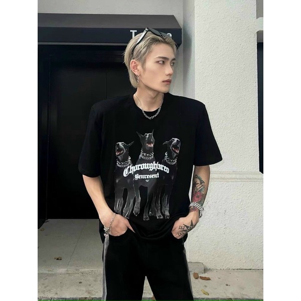 Áo thun tay lỡ in hình 3 chú chó có 4 màu