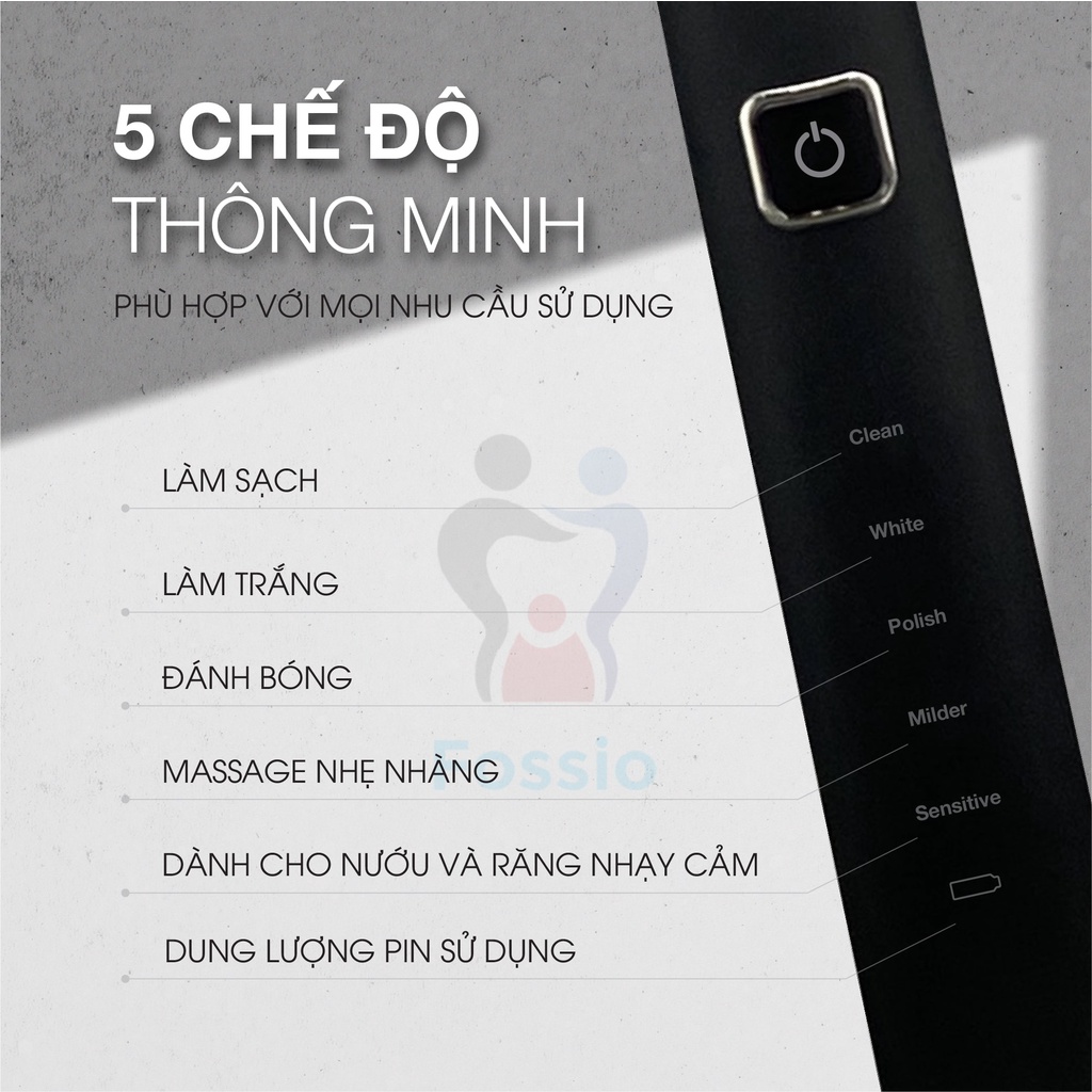 Máy Đánh Răng FOSSIO N300 Tiêu Chuẩn Châu Âu Bảo Hành 1 Năm, Kèm Đầu Rửa Mặt, Bàn Chải Điện Sonic Đánh Răng Tự Động