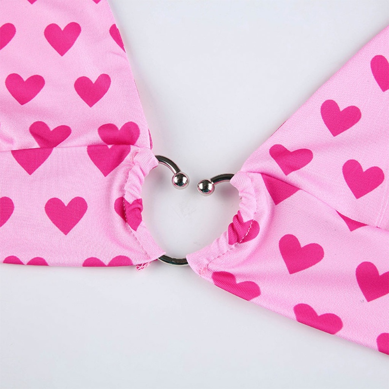 Áo Croptop Cổ Chữ V Hở Lưng Phối Khóa Kim Loại In Họa Tiết Trái Tim Phong Cách Harajuku Quyến Rũ Cho Nữ