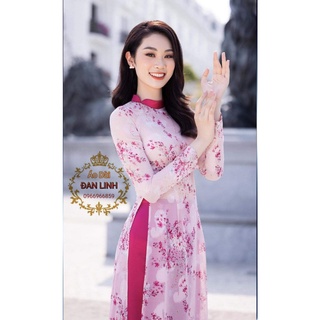 {NV01} Áo dài hoa nhí 4 tà màu hồng, may cổ lệch cách điệu siêu xinh - Áo Dài Đan Linh