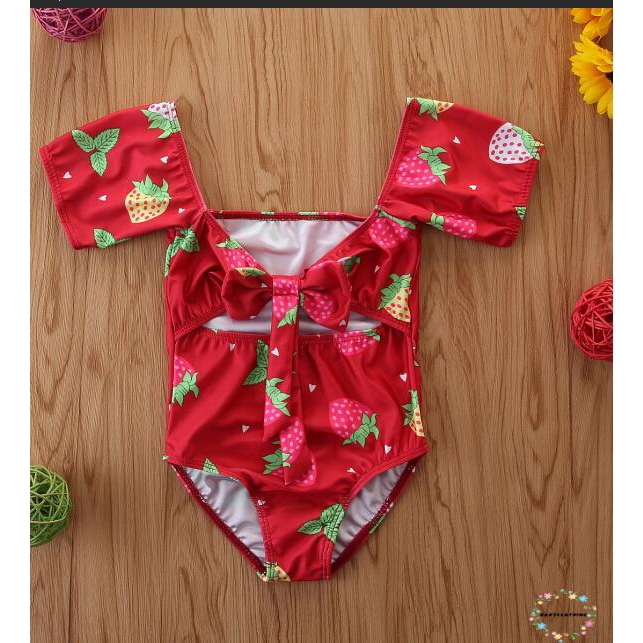 ღWSVღBaby Girl Strawberry Print One-Piece Toddler Swimsuit Short Sleeve Bow Hollow Swimsuit