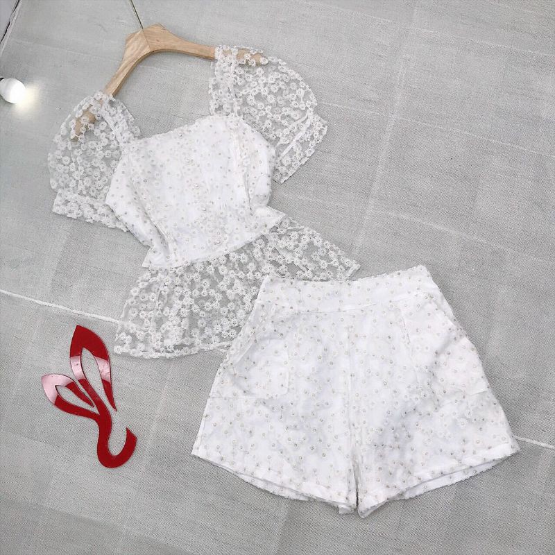 SET TAY PHỒNG PEPLUM VẢI REN THÊU HOA NHÍSỉ