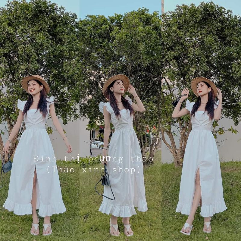 Váy maxi trắng cánh tiên đi biển sẵn mút ngực siêu xinh gồm áo và chân váy sang chảnh