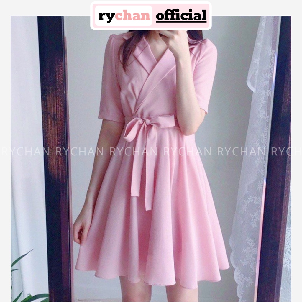 Đầm Xòe Dự Tiệc Nữ Cổ Vest Tay Ngắn Thắt Nơ Eo Cực Nữ Tính Thanh Lịch Màu Hồng - DX9920