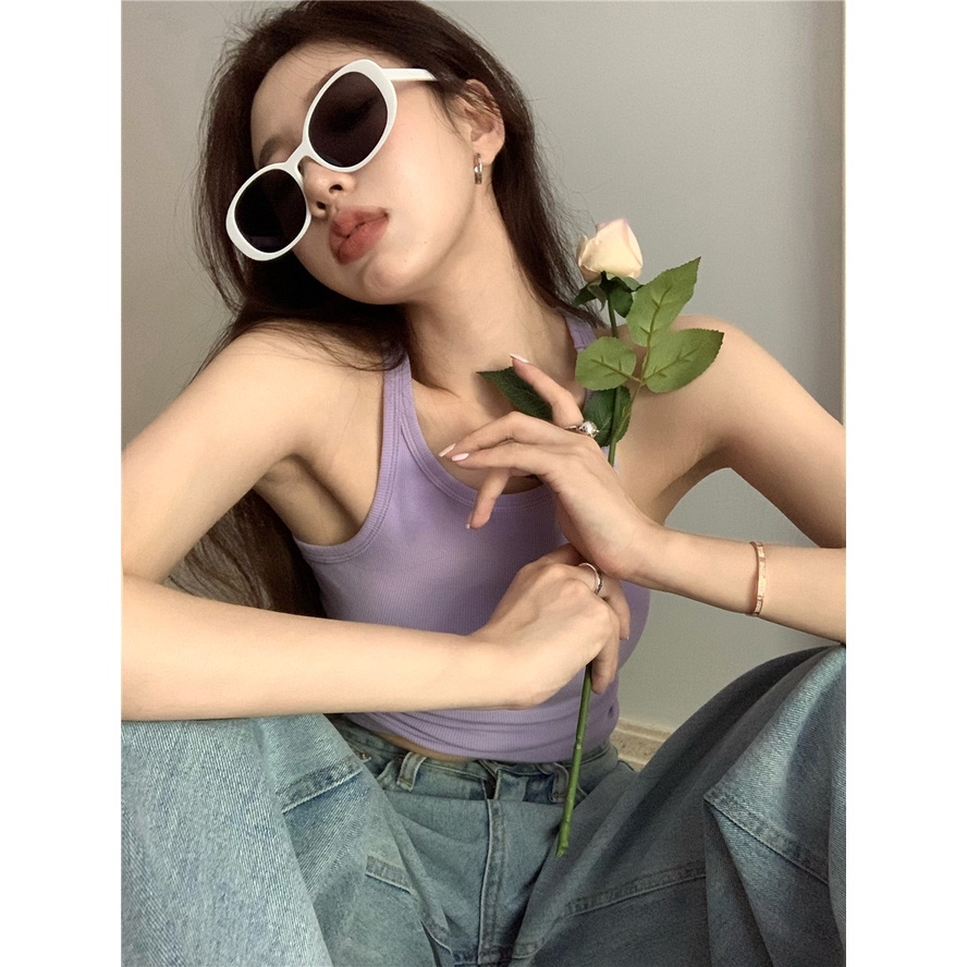 Porozi  Áo croptop dệt kim cổ yếm màu trơn phong cách Hàn Quốc 6 màu sắc tùy chọn thời trang dành cho nữ
