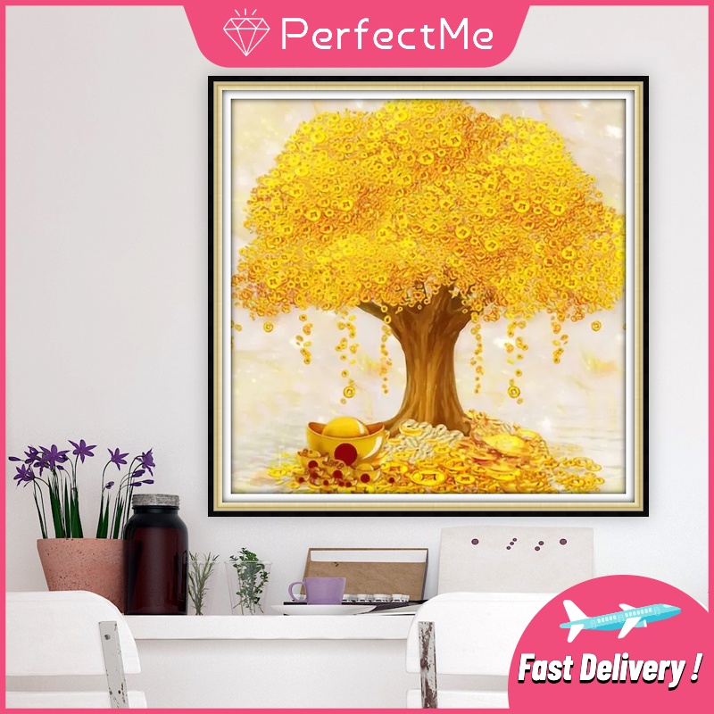 Tranh Đính Đá 5D Tự Làm Hình Cây Màu Vàng 50x50cm