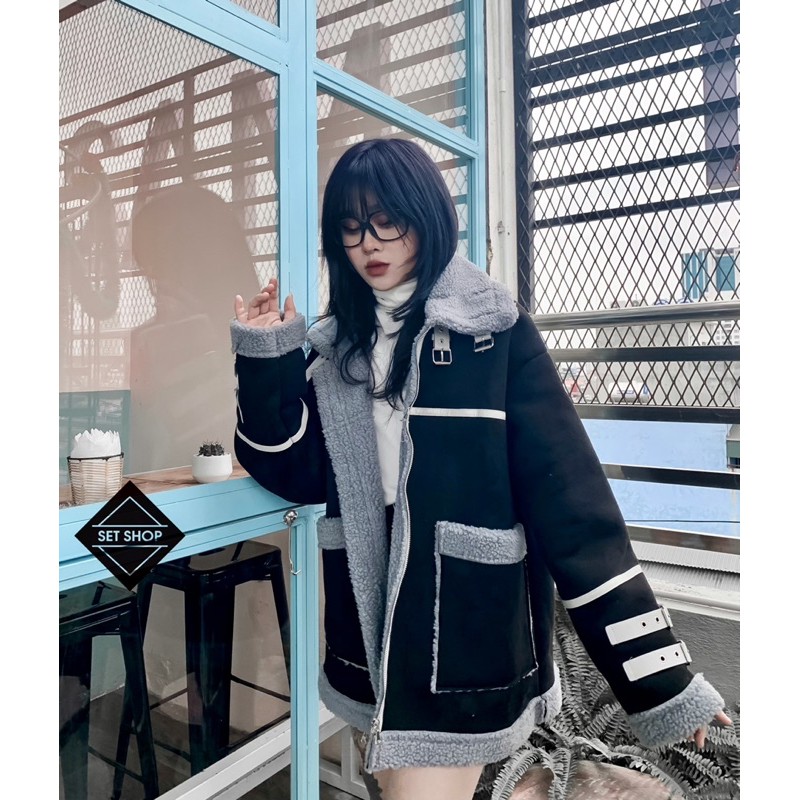 Áo khoác da lộn lót lông ấm phụ kiện dây cài cổ | BigBuy360 - bigbuy360.vn