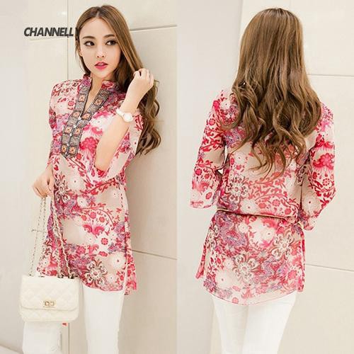 Áo chiffon nữ tay ngắn họa tiết thổ cẩm thời trang