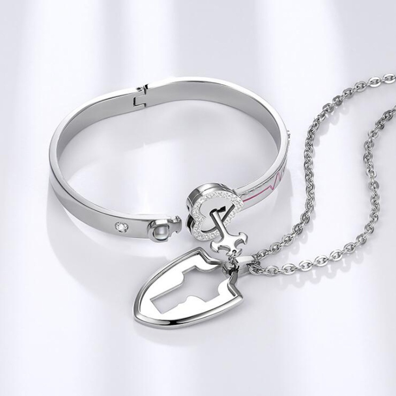Bộ Vòng Tay + Mặt Vòng cổ Bằng Thép Titan Hình Mảnh Ghép Trái Tim Ổ Khóa / Chìa Khóa Cho Cặp Đô