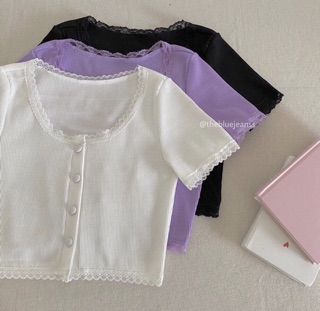 🆙Áo Croptop Gân Nút Phối Ren