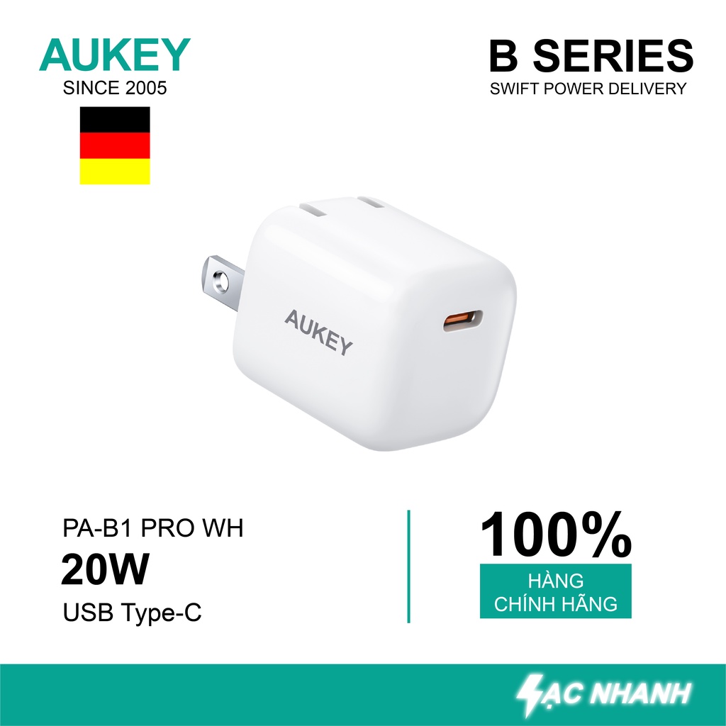 Sạc Nhanh Omnia Aukey PA-B1 Pro Cổng Type C Power Delivery 20W - Hàng Chính Hãng