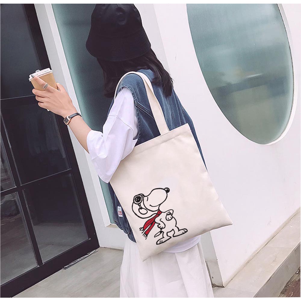 Túi tote vải mộc GINKO dây kéo in hình Snoopy and Friends M100