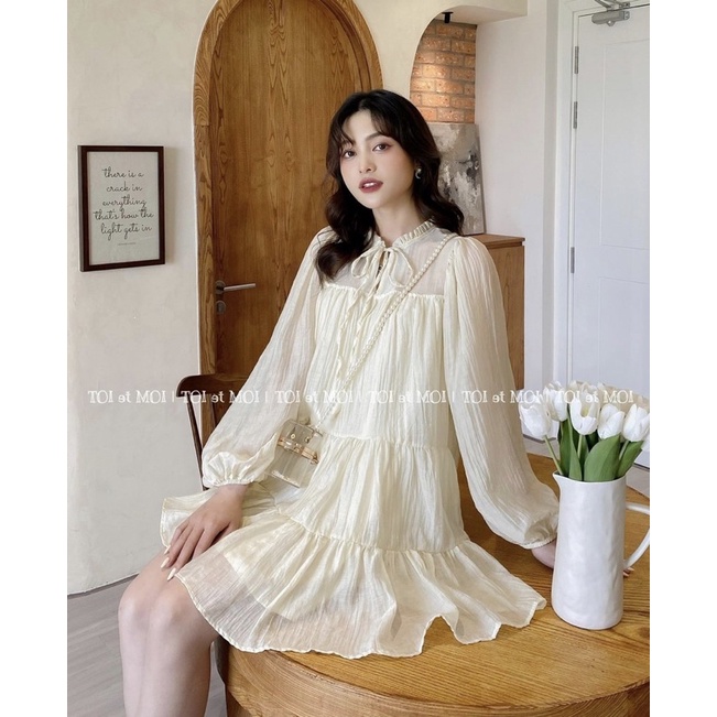 Váy Tơ Nhăn Kèm Đai Tay Dài Dáng Babydoll 4 Màu Siêu Xinh Có Ảnh Thật