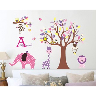 Decal dán tường động vật rừng bên cây sắc hồng tím