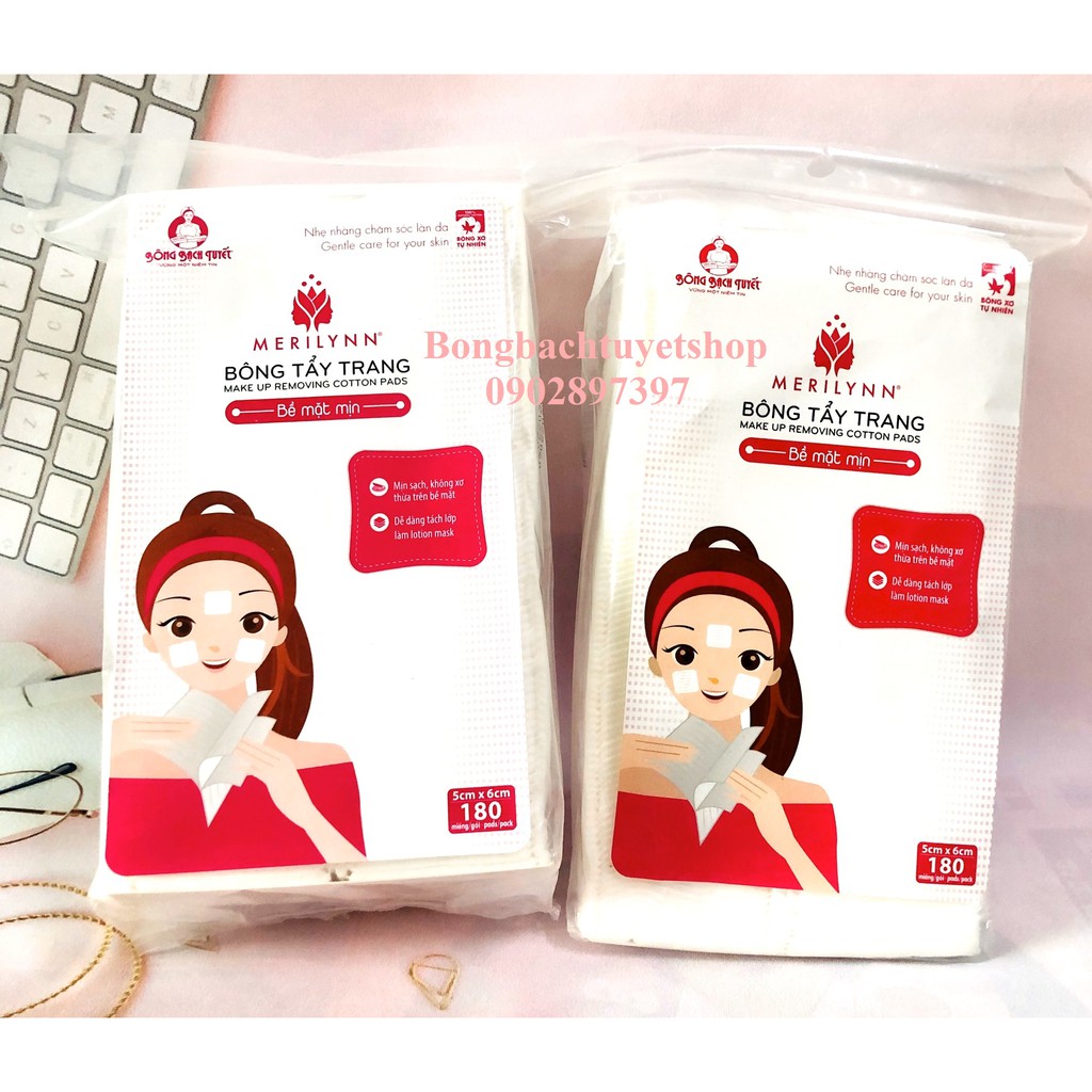 Bông Bạch Tuyết Merilynn bề mặt mịn 180 miếng/ gói – Bông tẩy trang Kotton Beauty mặt mịn đắp Lotion mask