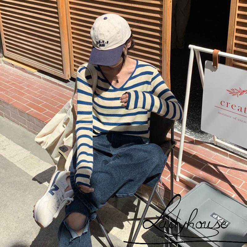 Áo Thun Dệt Kim Tay Dài Cổ Chữ V Dáng Rộng Họa Tiết Kẻ Sọc Thời Trang Mùa Thu Cho Nữ