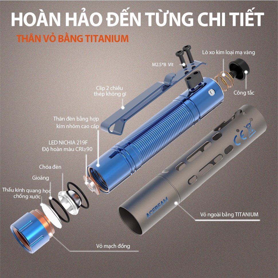 Đèn pin ACEBEAM RIDER RX TITANIUM độ sáng 650 lumen chiếu xa 96m bóng LED Nichia 219F Đèn & Đèn pin