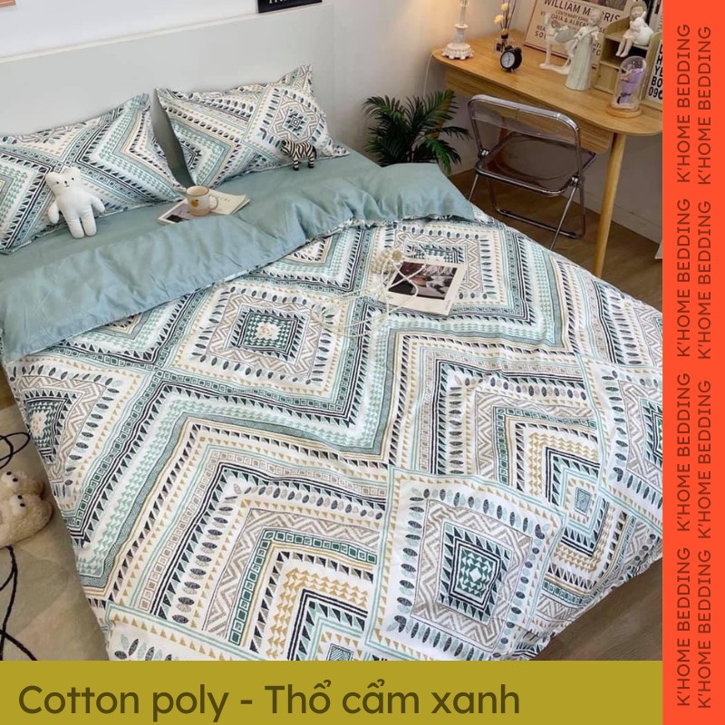 Bộ chăn ga gối cotton poly K'home set ga giường 4 món vỏ chăn ga gối có bo chun theo kích thước - Thổ cẩm xanh