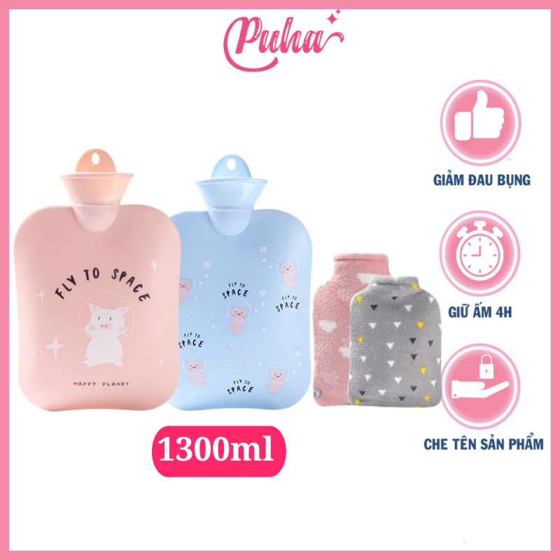 Túi chườm bụng giữ nhiệt nóng lạnh Puha 1300ml, sưởi ấm đa năng big size, túi chườm bụng kinh cho nữ